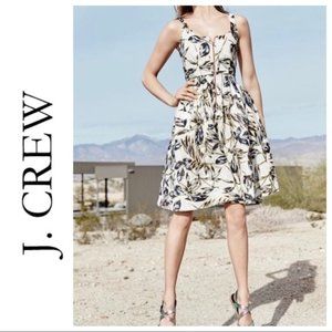 J. Crew Linen Zip-Front Dress Gold Foil Leaf Print A-line Fit Flare